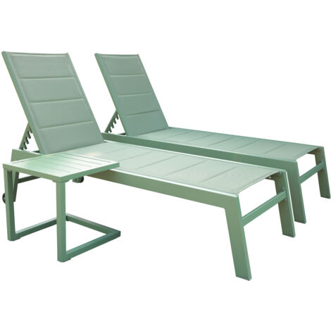 Set aus 2 Sonnenliegen und Beistelltisch BARBADOS aus salbeigrünem Textilene - salbeigrünes Aluminium