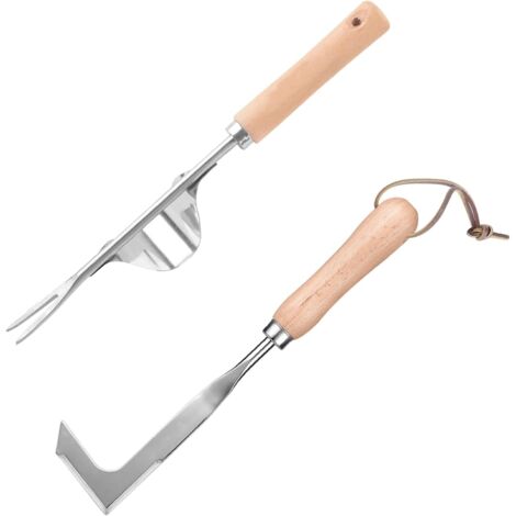 Set aus 2 Unkrautstechern aus Edelstahl mit Holzgriffen, Gartenrechen, zum Entfernen von Wurzeln und Unkraut, zum Auflockern des Bodens, Gartengeräte zum Jäten und Umgraben