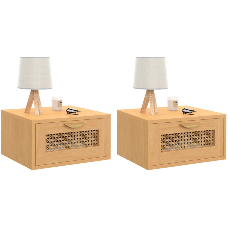 Idmarket Gelb Set Aus 2 Wand-Nachttischen Edhen 1 Schublade Hängeregal Schilf Und Holz