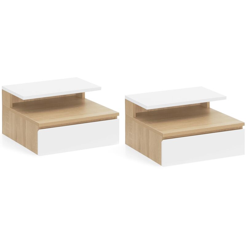 Idmarket Weiß - Set Aus 2 Wand-Nachttischen Tomi 1 Schublade + 1 Hängeregal + 1 Einlegeboden In Buche Und