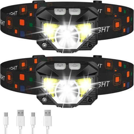 Set aus 2 wasserdichten, bewegungsaktivierten Stirnlampen, ultraleicht, wiederaufladbare LED mit weißem und rotem Licht, 8 Modi für Camping, Wandern und Angeln.