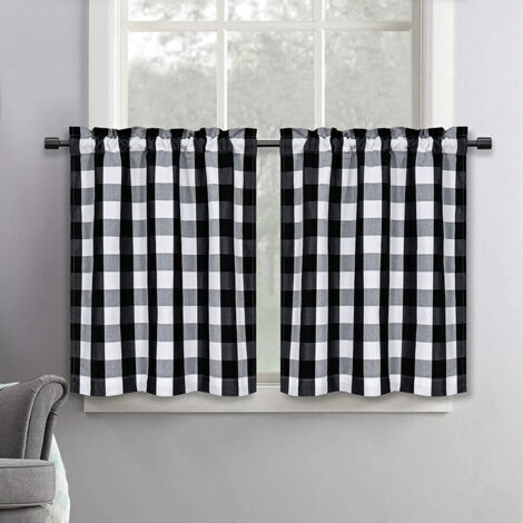 Set aus 2 weißen und schwarzen Küchencortinas, 60 x 90 cm, abwaschbar, lichtdurchlässig, leicht, mit Griffen für die Bar und rostfrei.
