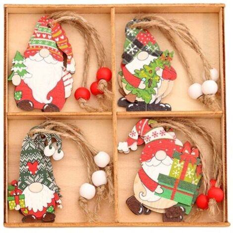 Set aus 24 hölzernen Weihnachtsbaumkugeln, die einen Gnom und einen Zwerg darstellen, 5,8 cm hoch, rot und weiß.