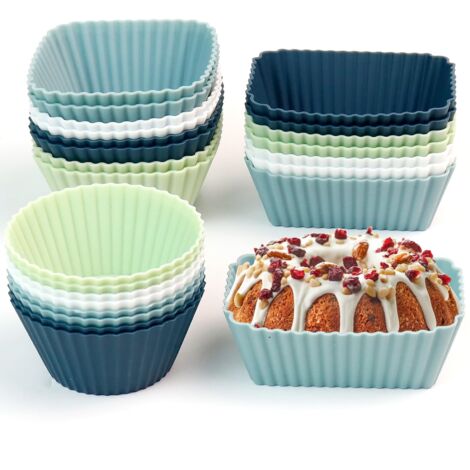 Set aus 24 wiederverwendbaren Silikon-Muffin-Formen mit 3 Formen für Bento (rund, quadratisch, rechteckig), in neutralen Farben, Standardgröße