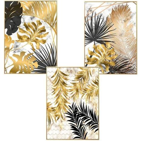Set aus 3 Designer-Wandpostern mit Wald-, Blattgold- und Palmenmotiven, ungerahmt, Wanddekoration für das Wohnzimmer, StyleD