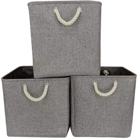 Set aus 3 großen, faltbaren Aufbewahrungskörben aus Stoff und Leinen, rechteckig und robust, mit Griffen aus Hanfseil, für Regale und Schränke (graue Farbe).
