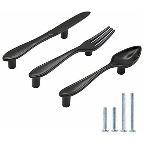 Set aus 3 löffel-, messer- und gabelförmigen Schrank- und Türgriffen, 7,6 cm Mittelloch, mattschwarz