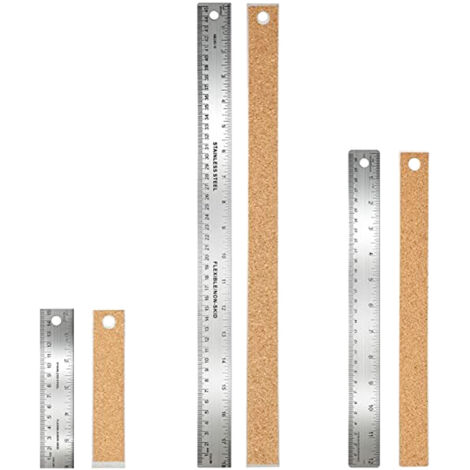 Set aus 3 Metalllinealen mit rutschfester Korkrückseite, aus Edelstahl, für Schüler und Berufstätige (präzise Zoll-/cm-Messungen, Aufhängeloch)