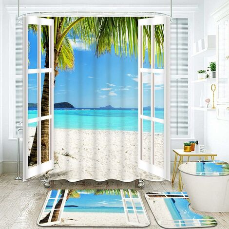 Set aus 4 Duschvorhängen für Strandfenster mit rutschfester Matte, WC-Deckelabdeckung und Badematte, tropische Palmen-Badezimmer-Duschvorhänge mit 12 Haken, wasserdichte Bade-Duschvorhänge aus Stoff für das Badezimmer
