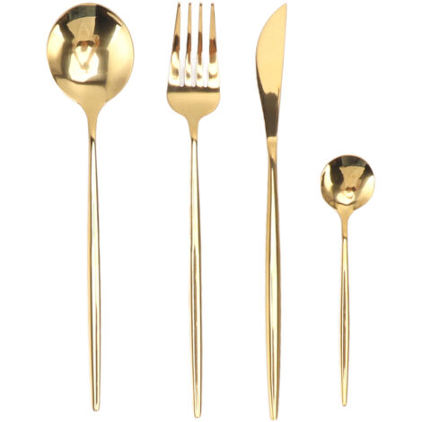 Set aus 4 hochglanzpolierten, goldfarbenen Besteckteilen für Restaurant und Haushalt, Messer, Gabeln und Löffel in Profiqualität.