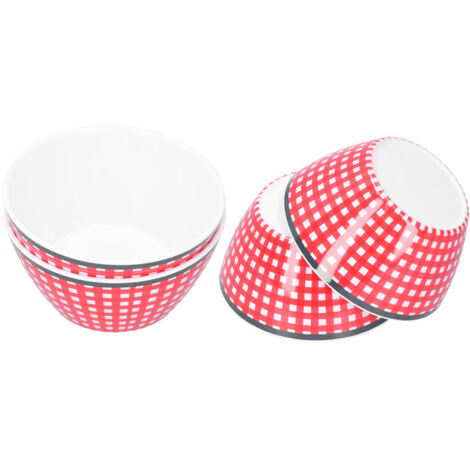 Set aus 4 Keramik-Salatschüsseln (15 cm Durchmesser), Porzellanimitat, für den Tischgebrauch, mit rot-kariertem Muster