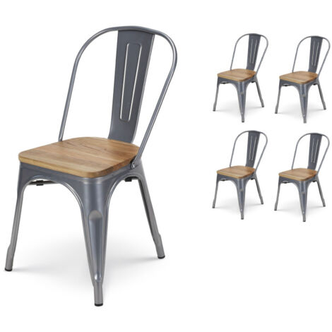Set aus 4 silbergrauen Metallstühlen und Sitz aus hellem Holz - Industrial Style