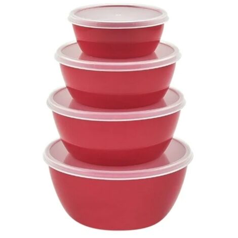 Set aus 4 stapelbaren Kunststoff-Kühlschrankschüsseln mit Deckel, ideal zum Frischhalten von Lebensmitteln und zur Aufbewahrung von Besteck.