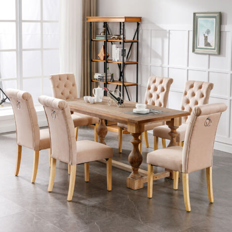 Set aus 6 Samt-Esszimmerstühlen mit Eichenholzbeinen, Knöpfen, Chromklopfer, Schlafzimmerstuhl, Küchenstuhl, Wohnzimmer-Freizeitstuhl, Braun