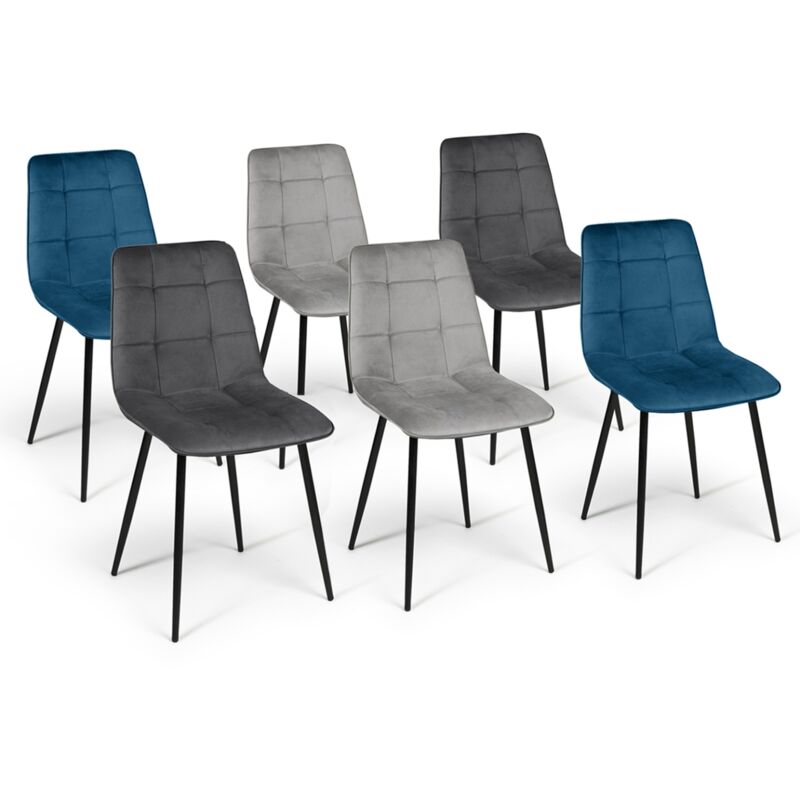 Idmarket Blau Set Aus 6 Stühlen Mila Aus Samt Mix Color X2, Dunkelgrau X2, Hellgrau X2
