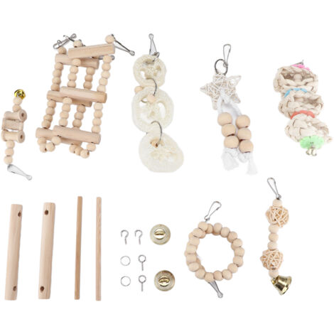 Set aus 8 Holzspielzeugen für Papageien: Schaukel, Kauspielzeug, Hängenest, Wendelleiter, vertikale Sitzstange.