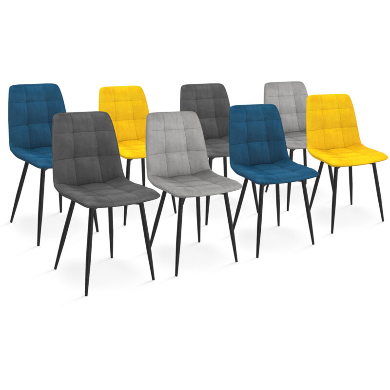 Idmarket Blau Set Aus 8 Stühlen Mila Aus Samt Mix Color X2, Dunkelgrau X2, Hellgrau X2, Gelb X2