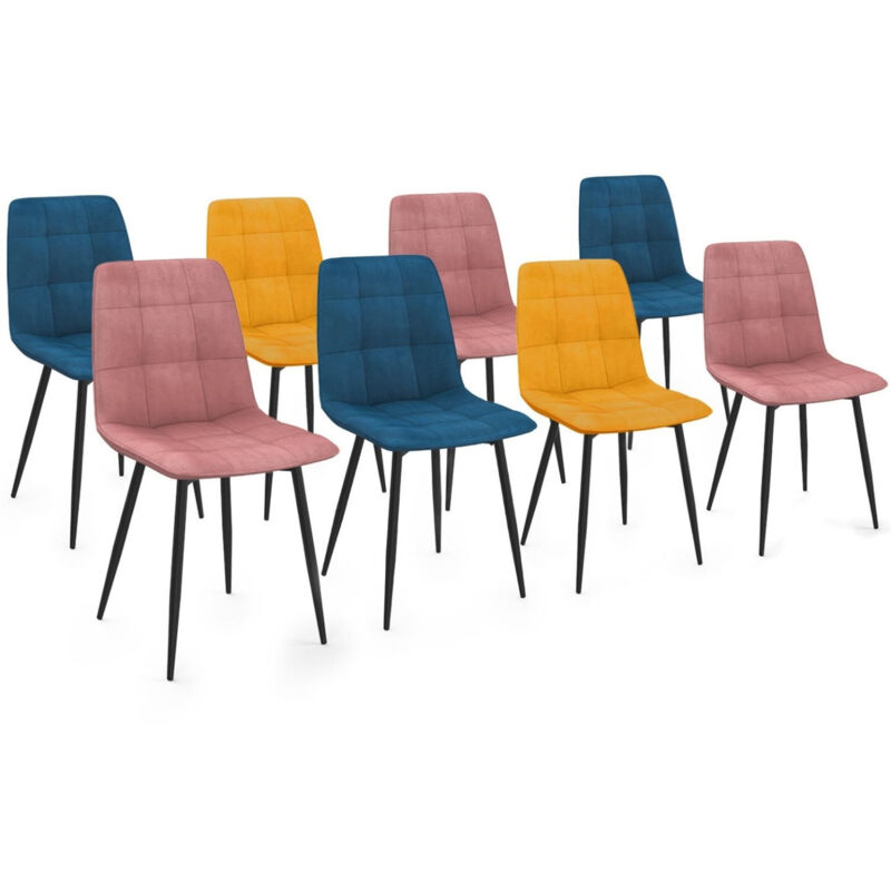 Idmarket Mehrfarbig Set Aus 8 Stühlen Mila Aus Samt Mix Color Blau X3, Rosa X3, Ockergelb X2