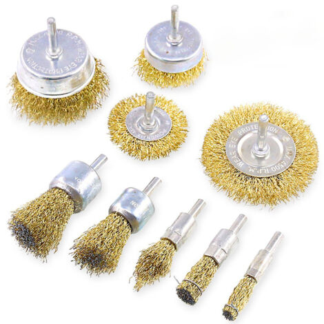 Set aus 9 messingbeschichteten Drahtbürsten und Topfbürsten - Set aus 1/4-Zoll-Drahtbürsten und Bohrern zum Reinigen von Rost und Entfernen von Farbe.