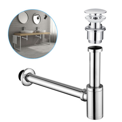 Set aus Beckensiphon und Beckenablauf aus Edelstahl  Automatische Überlauffunktion  Pop-up-Ablauf  Universal