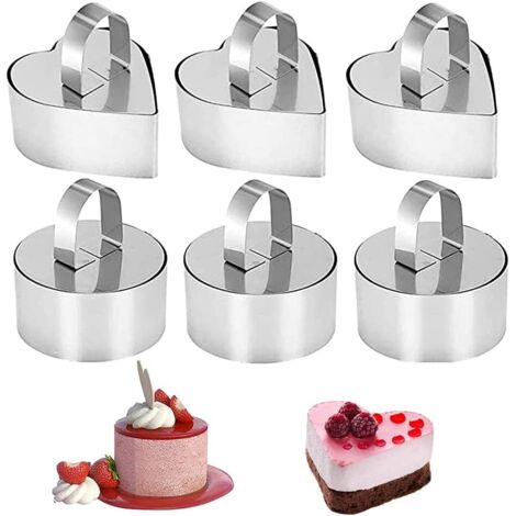 Set aus sechs Mousse-Ringen aus Edelstahl mit Griffen für Kuchen und Desserts runde und herzförmige Förmchen für Gebäck und Salate