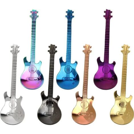 Set aus sieben gitarrenförmigen Teelöffeln aus Edelstahl für Desserts und Joghurt, ein Tischaccessoire für Tee und Kaffee