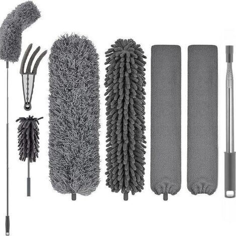 Set aus sieben Teilen, darunter ein Staubwedel und eine Bürste zur Reinigung von Wänden und Möbeln in großer Höhe.