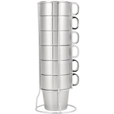 Set aus stapelbaren, doppelwandigen, hitzebeständigen Edelstahl-Kaffeebechern mit Becherständer