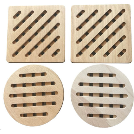Set aus vier hitzebeständigen Holzmatten für Küchenarbeitsplatten - Hitzebeständig (quadratisch und rund, 19x19 cm) - Rutschfeste und hitzebeständige Holzmatten für heiße Töpfe und Pfannen.