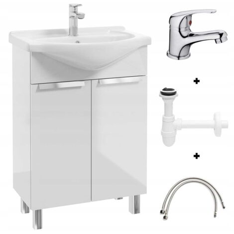 Set aus weißem Schrank mit Waschbecken, Chromhahn und Siphon 60x85 cm Lily