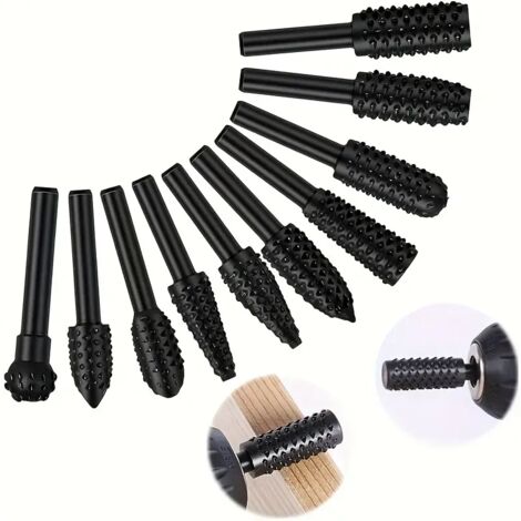 Set aus zehn 6-mm-Rotationsfräsern für Holzschnitzereien, Fräszubehör zum Gravieren und für kreative Holzbearbeitungsprojekte.
