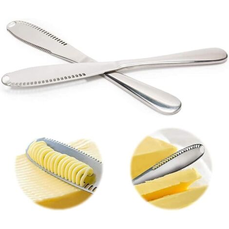 Set aus zwei 3-in-1-Buttermessern aus Edelstahl zum Bestreichen und Schneiden von Obst und Käse