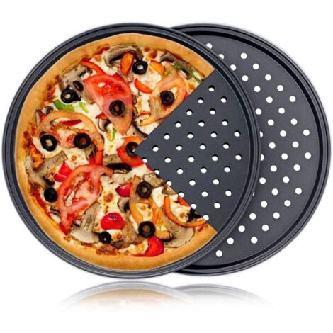 Set aus zwei runden, antihaftbeschichteten Pizzablechen aus Kohlenstoffstahl für Backofen und Pizzaofen