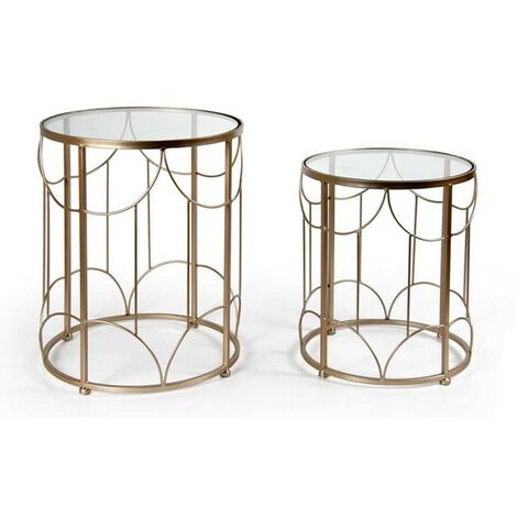 Set aus zwei runden goldenen Couchtischen mit Glasplatte