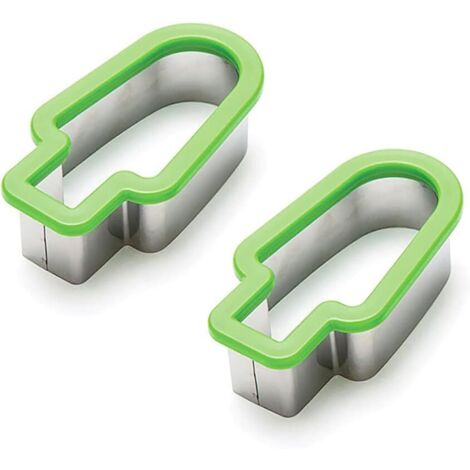 Set aus zwei Wassermelonenschneidern aus Edelstahl in Form grüner Eiswürfel, ein Werkzeug zum Schneiden und Portionieren von Früchten, Küchenaccessoire