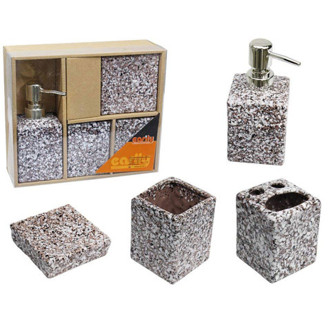 Dispenser Sapone Accessori Bagno.Set Bagno 4 Pezzi In Ceramica Effetto Pietra Dispenser Sapone Arredo Bagno 52609 Marrone