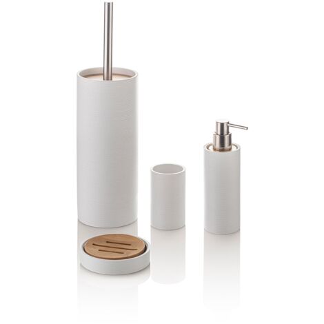 "Set bagno 4 pezzi MORITZ bianco in resina acciaio e bambù"