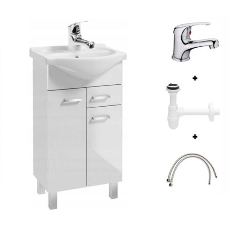 Set bagno: mobile con lavabo 50 bianco con rubinetto Mea e sifone