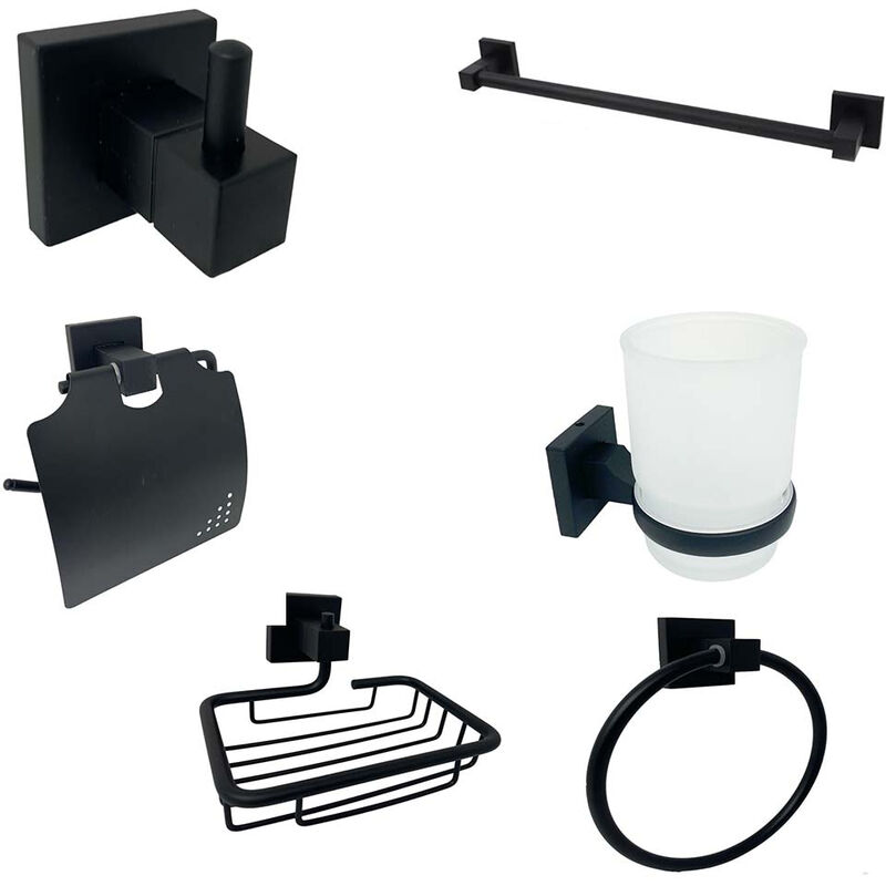 Image of Set bagno moderno in acciaio nero vetro satinato 6 pezzi accessori bagno portasaponetta portarotolo spazzolini asciugamano