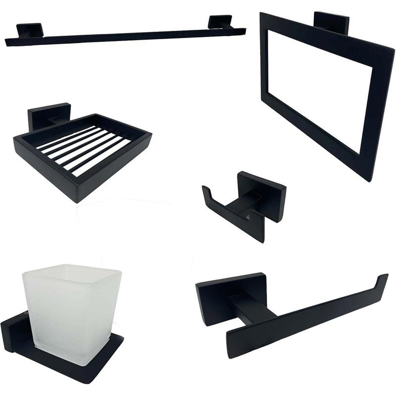 Image of Set bagno moderno rettangolare in acciaio nero vetro satinato 6 pezzi accessori bagno portasaponetta portarotolo spazzolini asciugamano