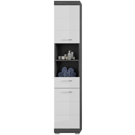 Set bagno SCOTT – Mobile sottolavabo, mobile contenitore con specchio, colonna e 2 mezze colonne – Grigio scuro e b