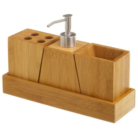 Set Bambou Salle de Bain Distributeur Savon, Porte Brosse à Dents, Gobelet Rangement