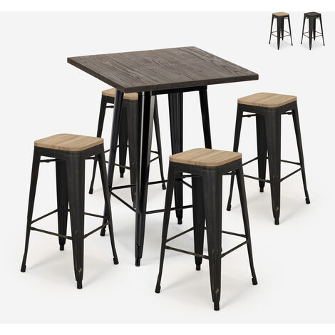 Set bar 4 sgabelli tolix legno industriale tavolino alto 60x60cm Bent Black