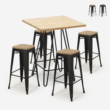 Set bar cucina 4 sgabelli tolix legno tavolino alto industriale 60x60cm Oudin