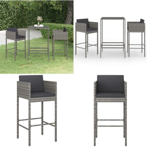 Set Bar da Giardino 3 pz con Cuscini in Polyrattan Grigio - Set da bar - Sgabelli da bar