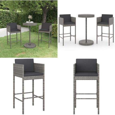 Set Bar da Giardino 3 pz con Cuscini in Polyrattan Grigio - Set da bar - Sgabelli da bar