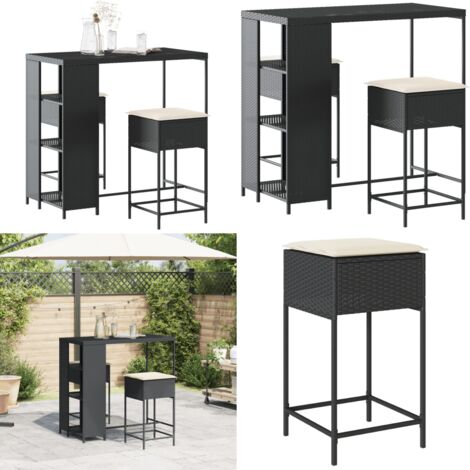 Set Bar da Giardino 3 pz con Cuscini in Polyrattan Nero - Cuscini per bar - Set da bar