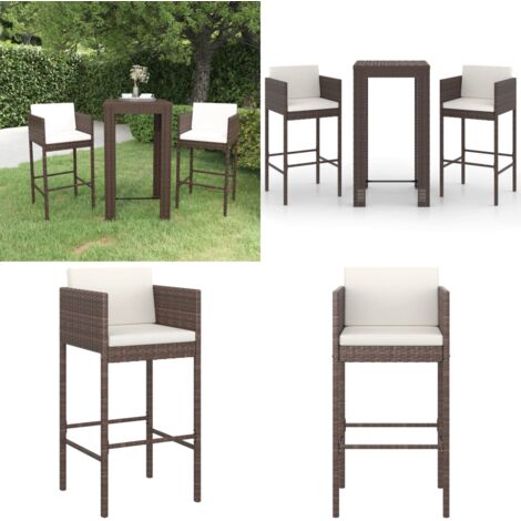 Set Bar da Giardino 3 pz con Cuscini Polyrattan Marrone - Sedile da giardino - Tavolo da bar