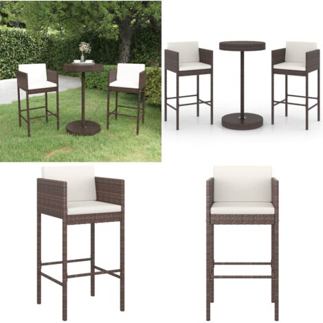 Set Bar da Giardino 3 pz con Cuscini Polyrattan Marrone - Set da bar - Sgabelli da giardino
