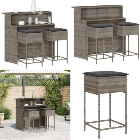 Set Bar da Giardino 3pz con Cuscini Grigio in Polyrattan - Sedile da esterno - Cuscino da bar